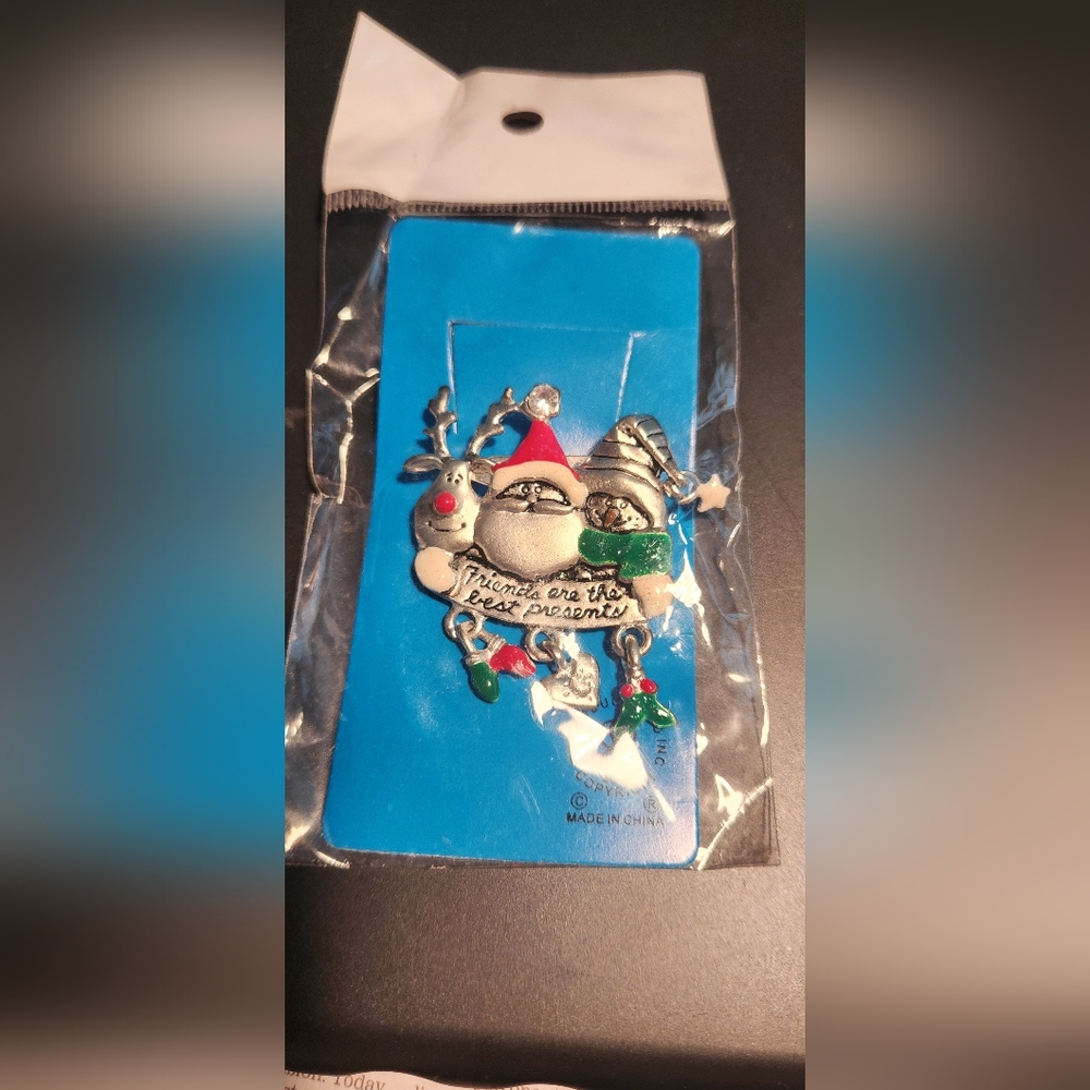 NIP Vintage Pewter and Crystal Santa and Friends Christmas Holiday Charm Brooch